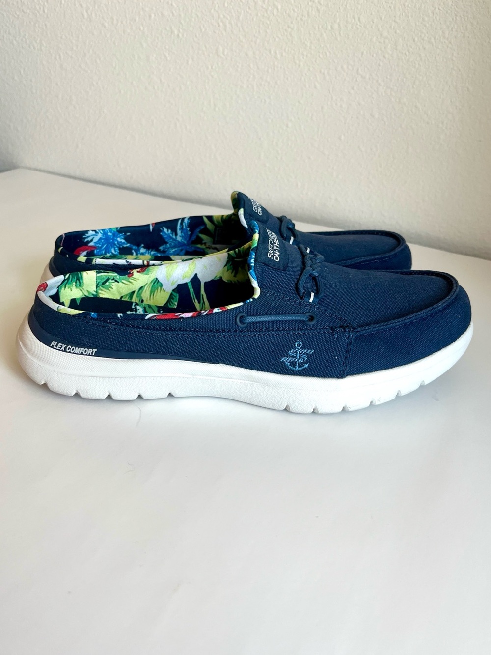 Skechers On-The-Go Air-Cooled Goga Mat Navy Blue Slip-On Canvas Mule Boat Shoes